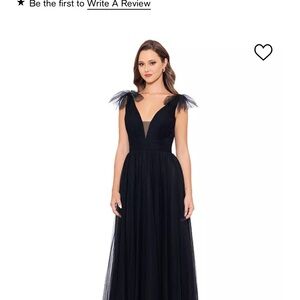Betsy & Adam Black Tulle Maxi Dress with Shoulder Tulle Accents